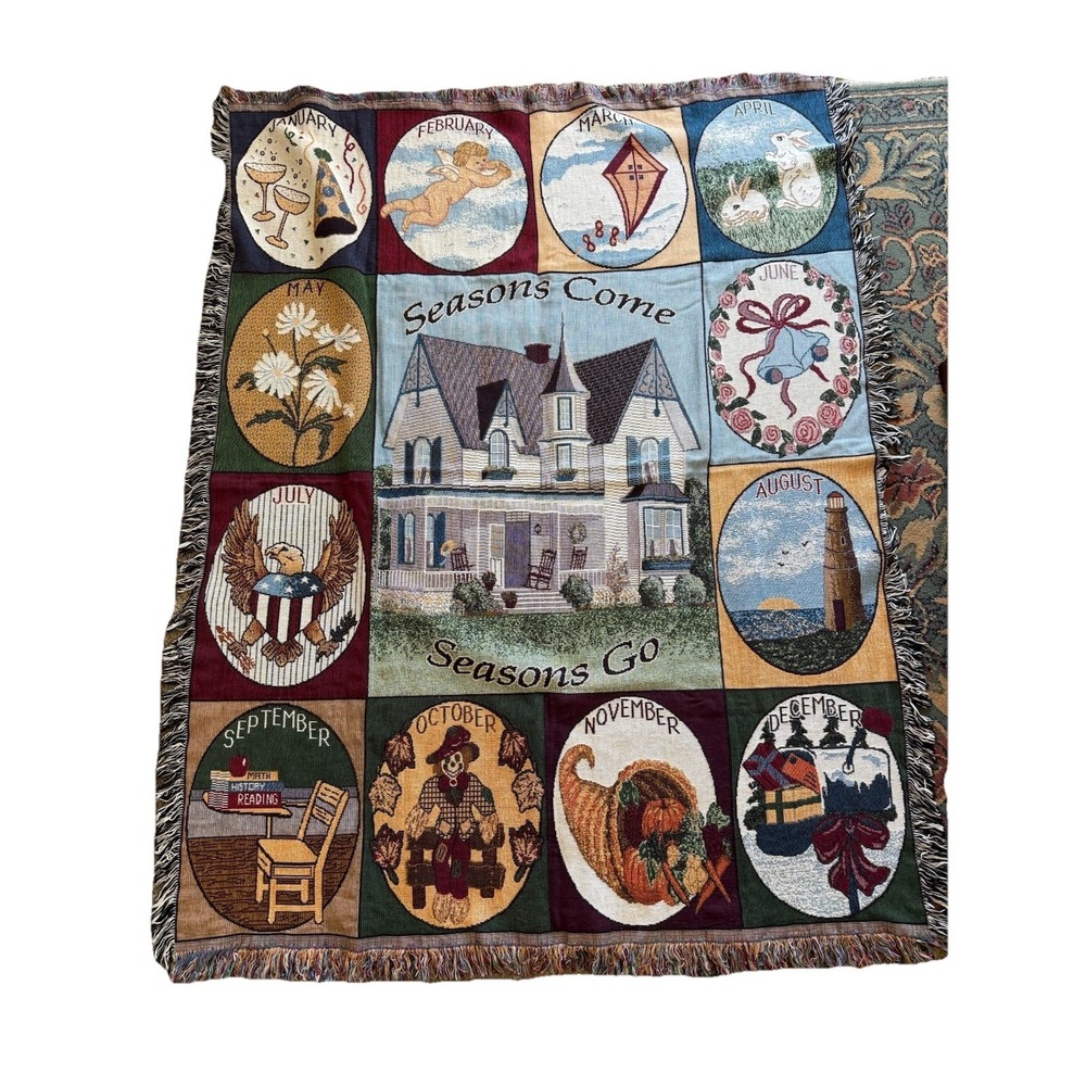 Vtg Knit Throw Tapestry Blanket Seasons Come Seasons Go Theme 72"x 50"
